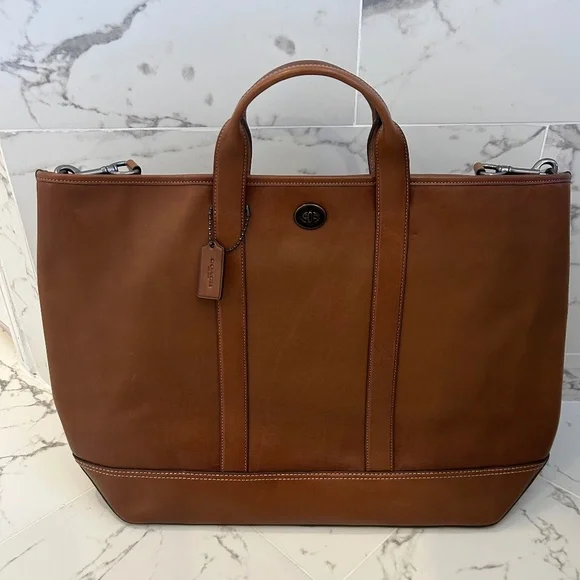 RARE Coach Men's Tan Leather Turnlock Toby Weekender Bag with Strap - Picture 2 of 9